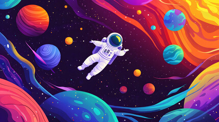 Astronaut flying outer space among colorful planets and stars cartoon illustration