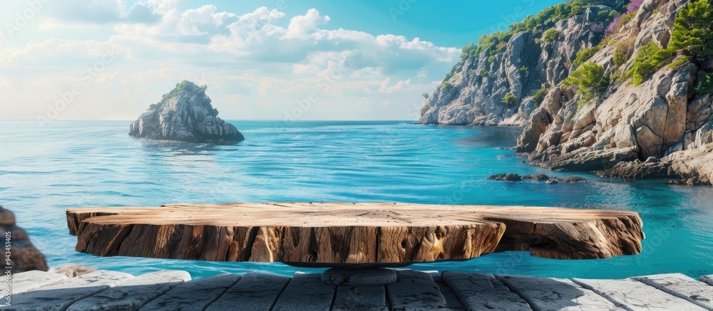 Aufkleber a picturesque wooden block crafted from a tree trunk serves as a table top against a scenic backdrop
