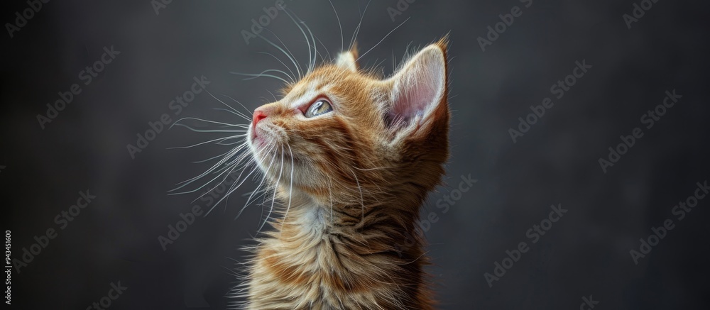 Poster Ginger tabby kitten gazes upwards on a grey backdrop in a charming pet portrait with a humorous and beautiful pose Includes copy space image
