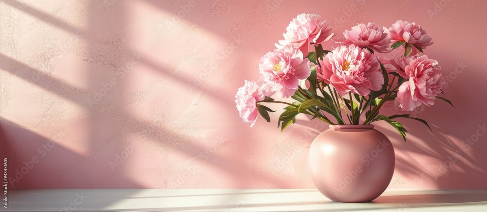 Poster home decor with a lovely arrangement of pink peonies in a vase on a table perfect for adding text in
