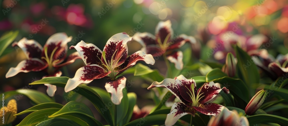 Poster Enjoy the view of dark maroon and white Checkered Lily flowers in a spring garden with vibrant green leaves in the foreground perfect for your copy space image