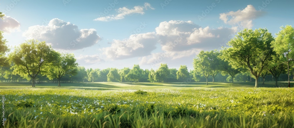 Poster A serene landscape featuring a grassy field with trees in the backdrop perfect for a copy space image