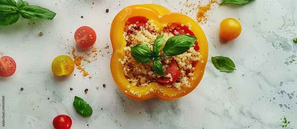 Canvas Prints Top down view of a bell pepper filled with quinoa basil and tomato on a bright surface with room for adding text Overlay. Creative banner. Copyspace image