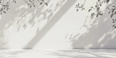 Minimalist Studio Scene with Blank Wall and Floor, Adorned by Natural Leaf Shadows. Abstract Backdrop for Product Montage, Design Showcase, and Creative Marketing Concepts. Elegant Template with Copys