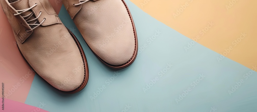 Poster top view of beige suede shoes against a colored backdrop with a space for adding images. creative ba