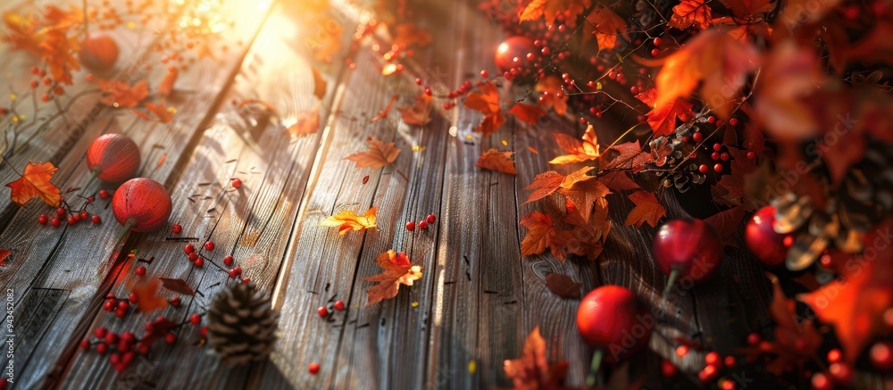 Poster thanksgiving themed text on rustic wooden background with autumn leaves allowing space for an image 