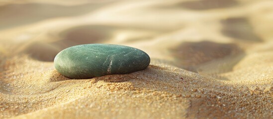 Flexible work symbol shown on a gorgeous green stone against a stunning sandy beach backdrop Depicting the idea of versatile work with a business flair Copy space image included