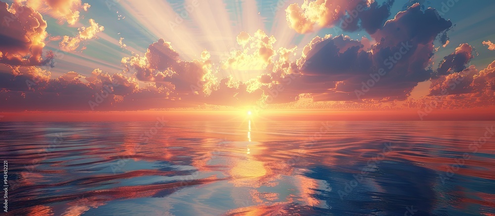 Aufkleber tranquil sunset scene with sunbeam on a colorful romantic dusk sky creating a beautiful idyllic natu