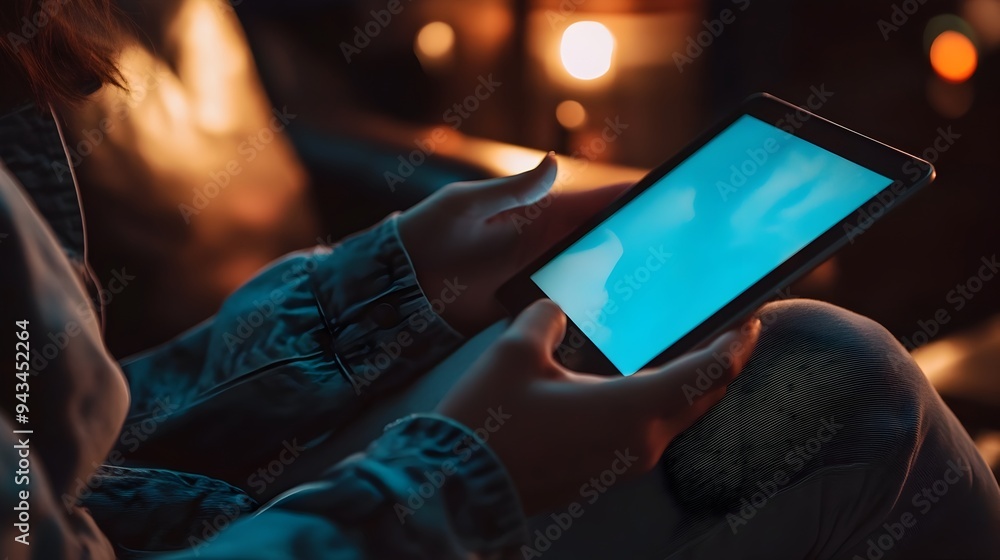 Poster a close up view of a person s hand holding a tablet device and swiping the touchscreen interface sug