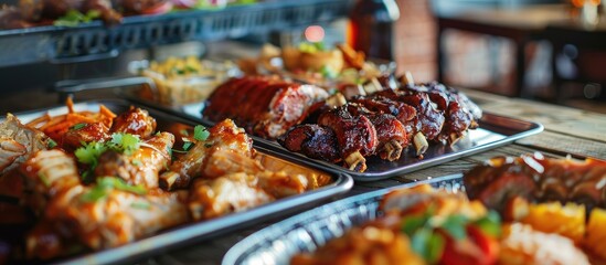 Obraz premium A metal tray displaying appetizers on a table at a BBQ joint with a copy space image