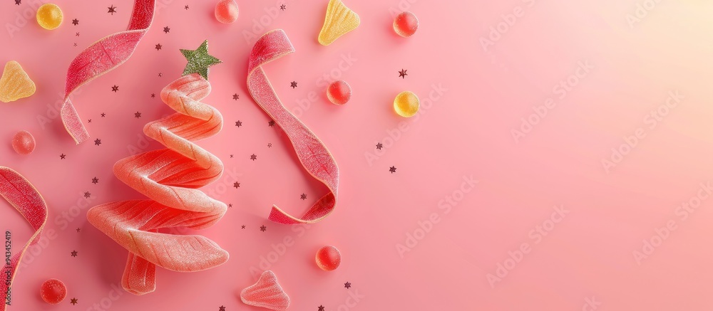 Poster pink background with jelly candies and ribbon shaped like christmas trees there s room for text in t
