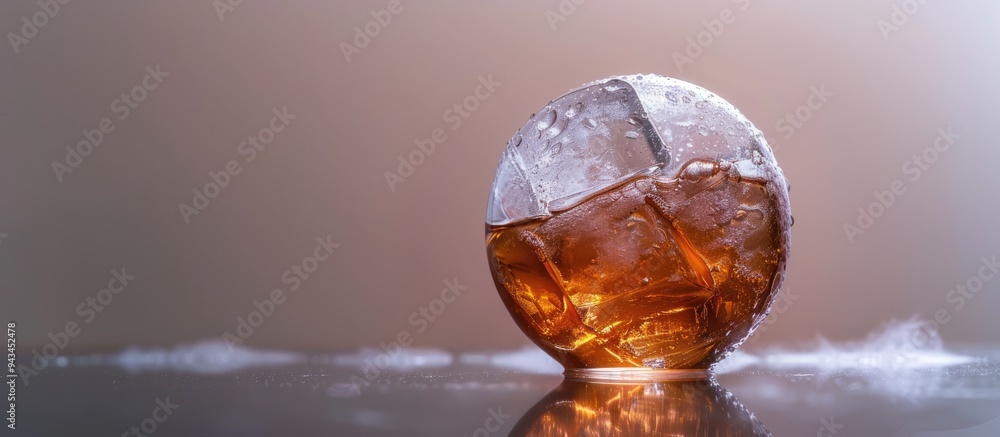Aufkleber Close up view of a spherical ice cube with whiskey in a studio setting set against a blank background for copy space image