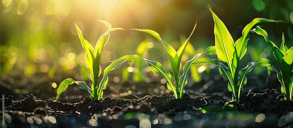 Poster close up view of young corn plants in a field with the natural sunlight in the background portraying