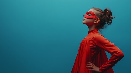 A young child in a red superhero costume poses confidently against a bright blue background during a creative playtime