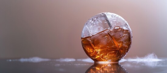 Close up view of a spherical ice cube with whiskey in a studio setting set against a blank background for copy space image
