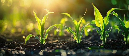 Close up view of young corn plants in a field with the natural sunlight in the background portraying an agricultural theme with copy space image