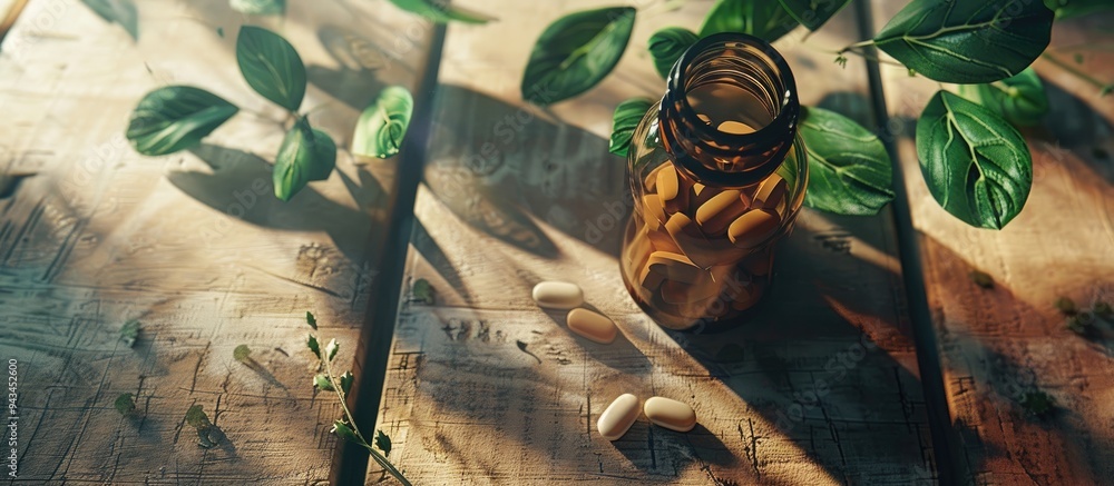 Poster Top view of a bottle with pills and green leaves on a wooden background creating a visually pleasing copy space image