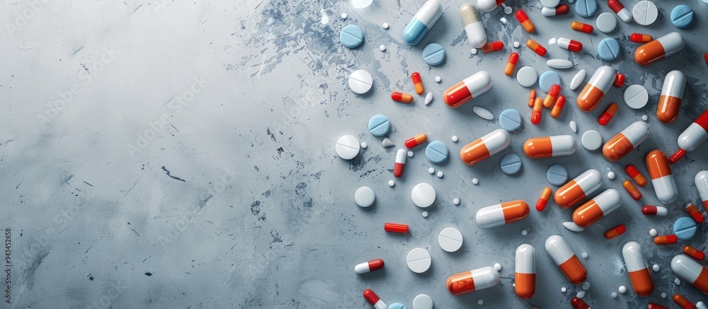 Aufkleber Medicinal treatment with numerous antibiotic pills displayed on a grey background in a top view setting with copy space image