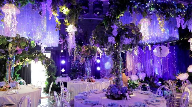 Large festive beautiful banquet hall with huge chandeliers