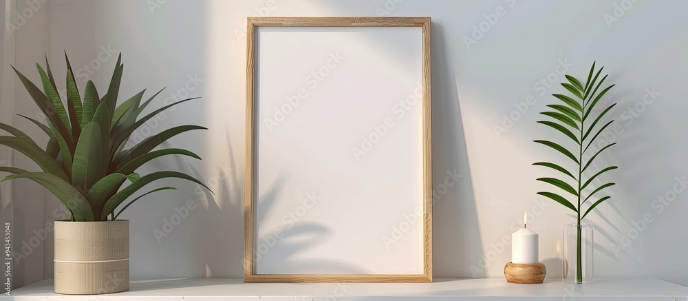 Poster a wooden frame with copy space image is placed on a table with a plant and candle in a home interior