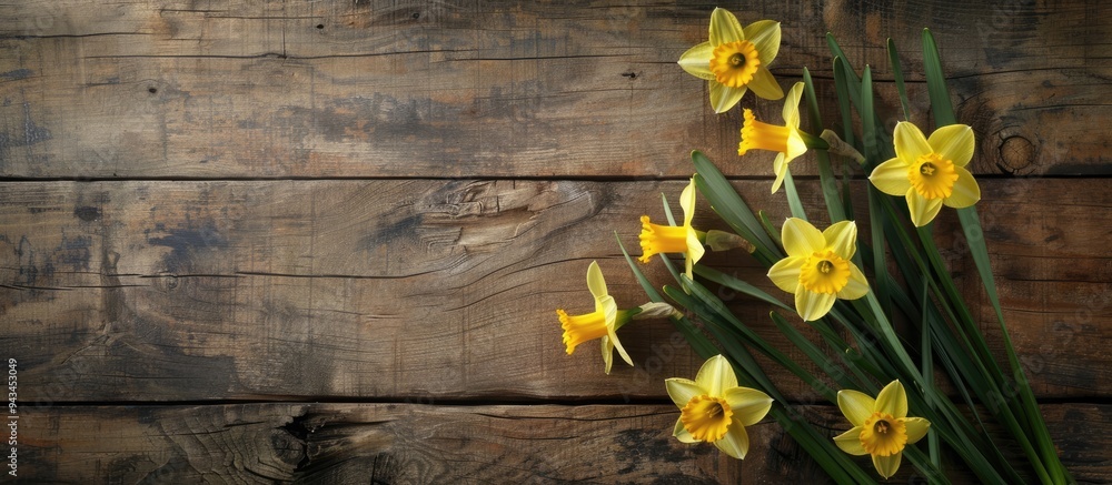 Poster floral nature photograph showcasing yellow narcissus and daffodil on a rustic wooden background idea