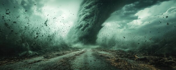 Experiencing a tornado up close, swirling debris and intense winds, VR natural disaster, 3D animation