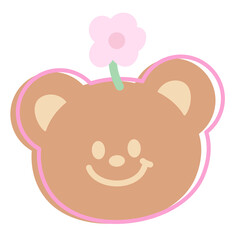 Fototapeta premium Illustration of teddy bear with pink flower for cartoon character, comic, mascot, animal, zoo, souvenir shop, cute patches, shirt print, plush toy, kid doll, emoji, sticker, spring, summer, decoration