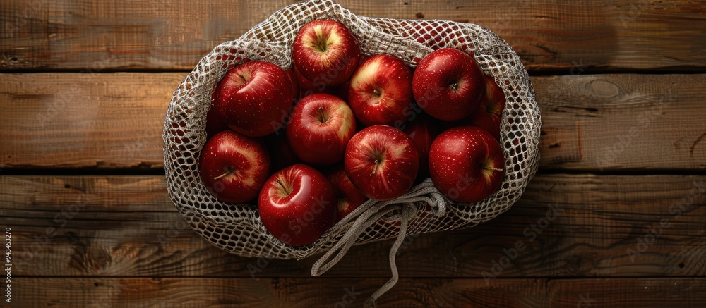 Poster Top view of a wooden background holding freshly arranged red apples in a grid bag perfect for a copy space image
