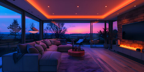 Luxurious modern living room with panoramic sunset views and ambient lighting, Contemporary living space with floor-to-ceiling windows and glowing interior lights