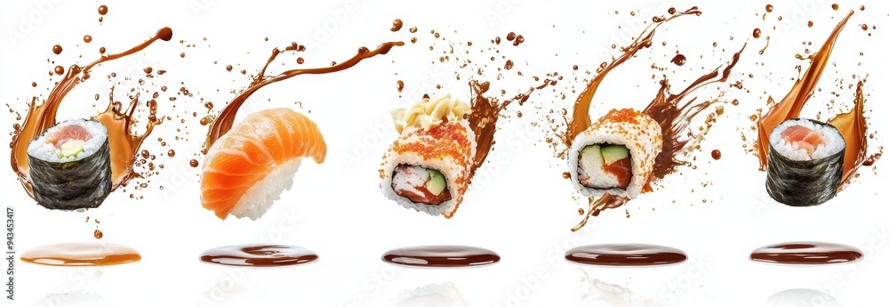 Poster a set of delicious sushi rolls with soy sauce splashed over them, cut out