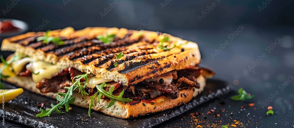 Poster Turkish street food sandwich with cheese and meat served on a black griddle with a side of lemon creating a delicious visual with copy space image