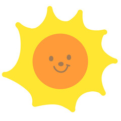 Happy sun illustration for spring, summer break, hot season, warm temperature, weather, picnic, cartoon character, comic, mascot, cute patches, shirt print, plush toy, kid doll, brooch, emoji, sticker