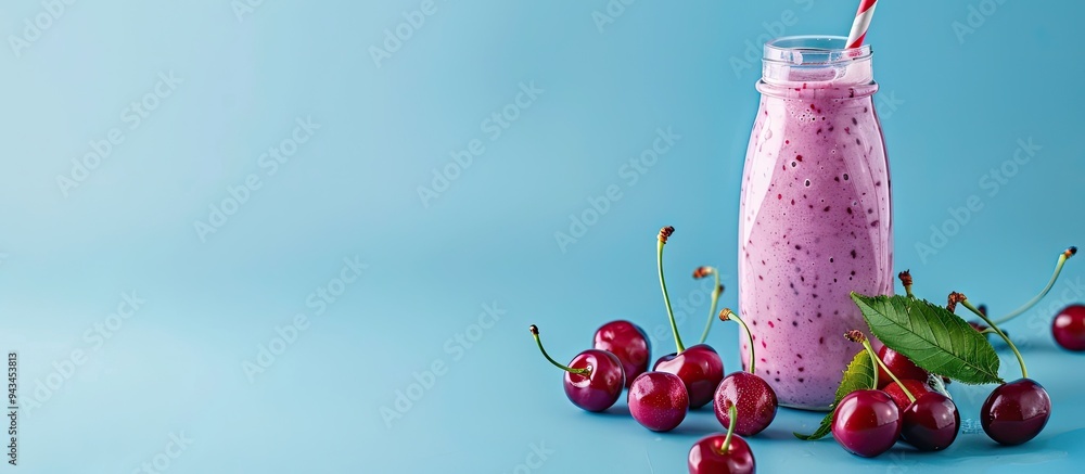 Poster smoothie bottle featuring cherries on a blue backdrop with copy space image