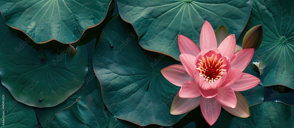 Poster top view of a pink lotus flower in bloom with green leaves providing background in a copy space imag