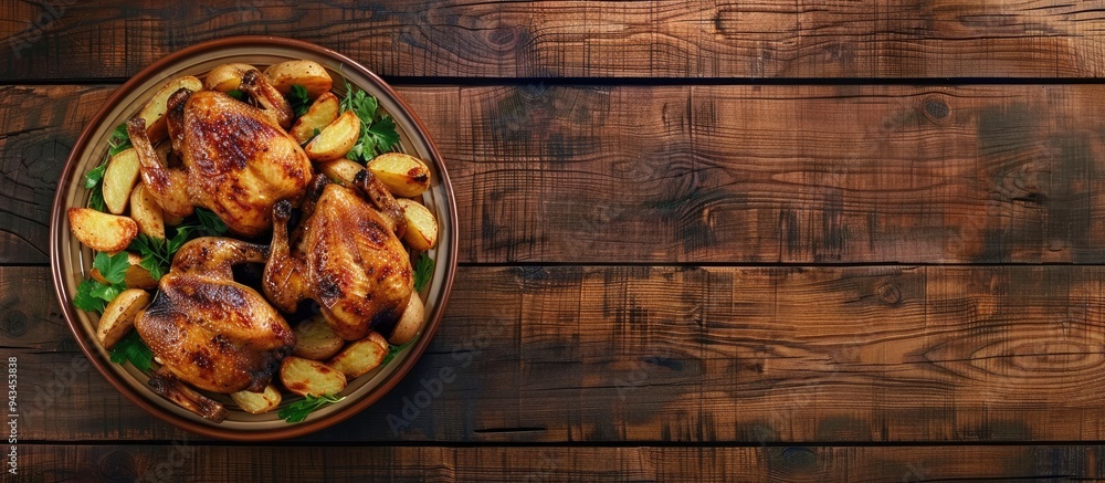 Aufkleber Whole quails roasted on a plate with fried potatoes displayed on a wooden background in a top down perspective with empty space for text or other elements in the image. Creative banner