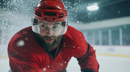Intense Ice Hockey Player Ready to Score: Dynamic Speed & Focus on Goal with Spraying Ice