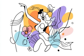 This photo collage shows a happy girl wearing headphones listening to music while relaxing on a painted background.