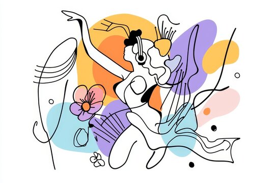 This photo collage shows a happy girl wearing headphones listening to music while relaxing on a painted background.