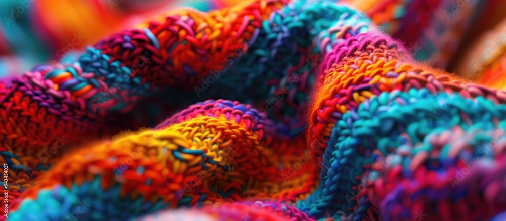 Poster Close up of a large knitted fabric showcasing a colorful abstract pattern ideal for a copy space image