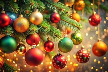 Fototapeta premium A picturesque view of a Christmas tree adorned with vibrant and shiny ornaments in various colors complemented by soft golden lights in a cozy setting.