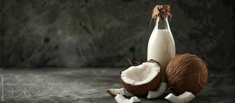 Aufkleber closeup of a delicious fresh coconut milk bottle against a black backdrop with space for text or ima