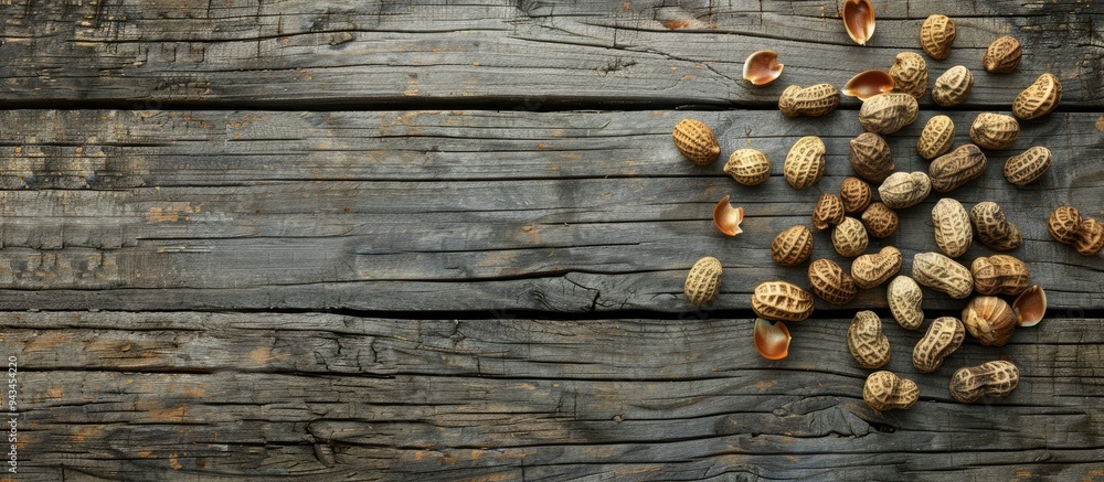 Aufkleber Peanuts with shells arranged on a weathered gray wooden surface with available copy space image