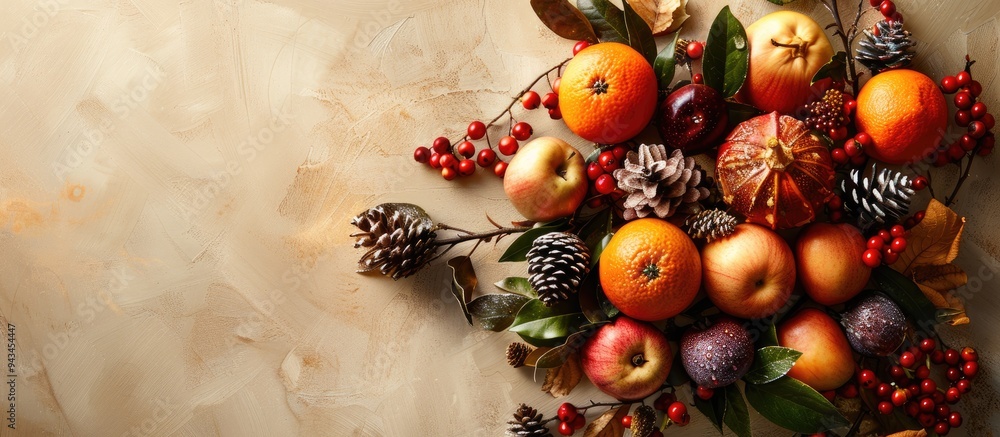 Poster Winter fruits staged in a flat lay composition featuring ample copy space image