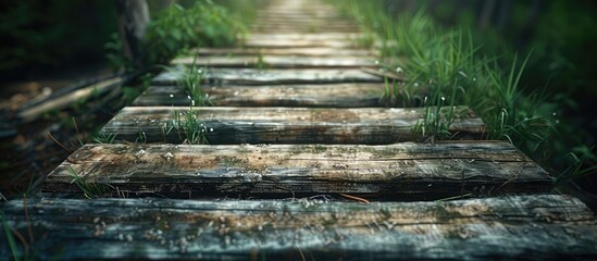 An aged wooden pathway extends far displaying a rustic and organic texture with copy space image