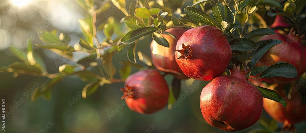 Poster Detailed close up of ripe red pomegranates on a tree branch at a Mediterranean farm offering a copy space image in the background