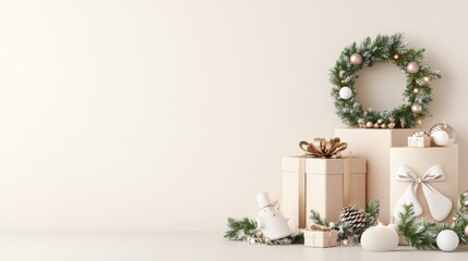 Festive Pastel Christmas Decorations on Solid Background with Space for Text - Holiday Marketing 3D Render