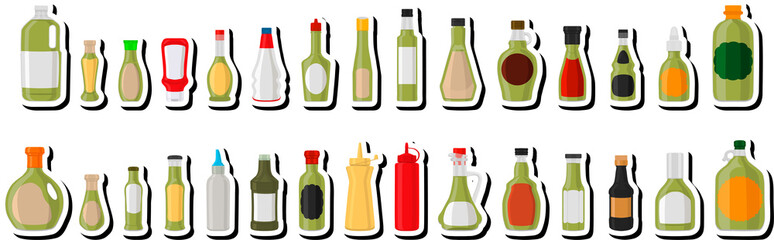 Illustration kit varied glass bottles filled liquid sauce guacamole