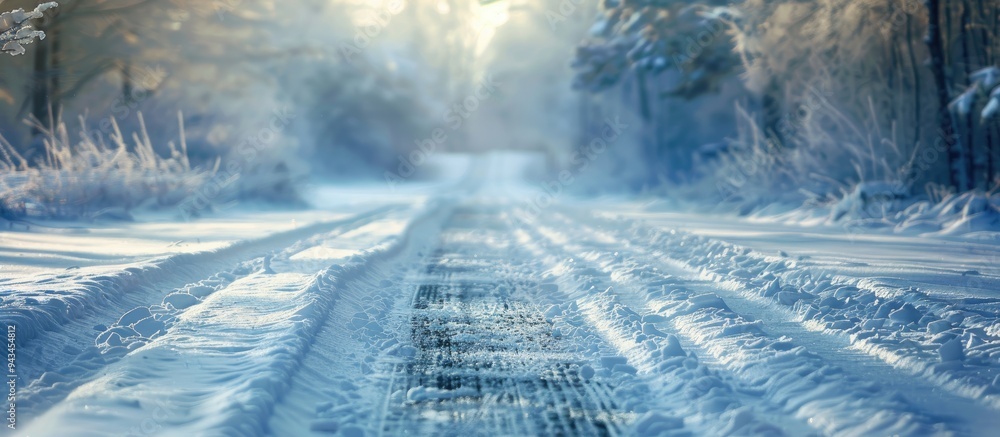 Poster Snow covered road with tire tracks captured in the image with copy space