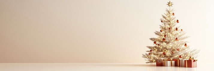 Classic Christmas Tree with Golden Lights and Red Decorations on Neutral Background for Festive Campaigns