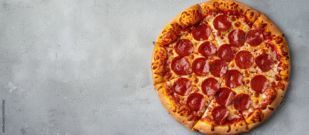 Poster A top view shot of a round pepperoni pizza atop a gray surface allowing room for additional text in the image It s Pizza Day Copy space image available